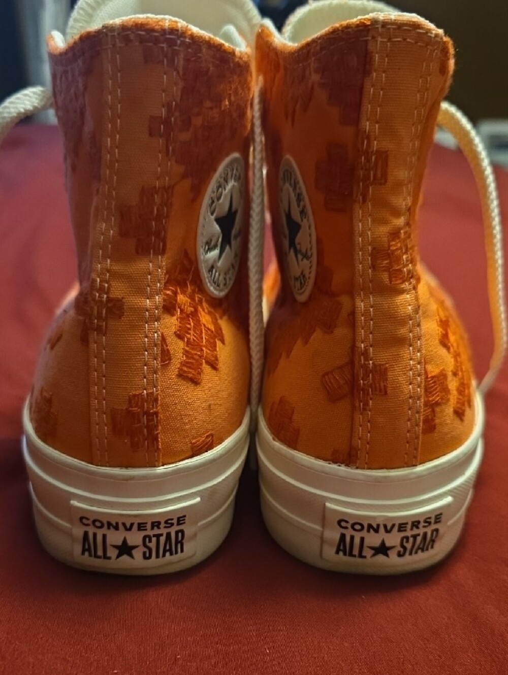 Converse High Top Sneakers - Orange & White Embroidered Design Women's Size 10 - Picture 5 of 6